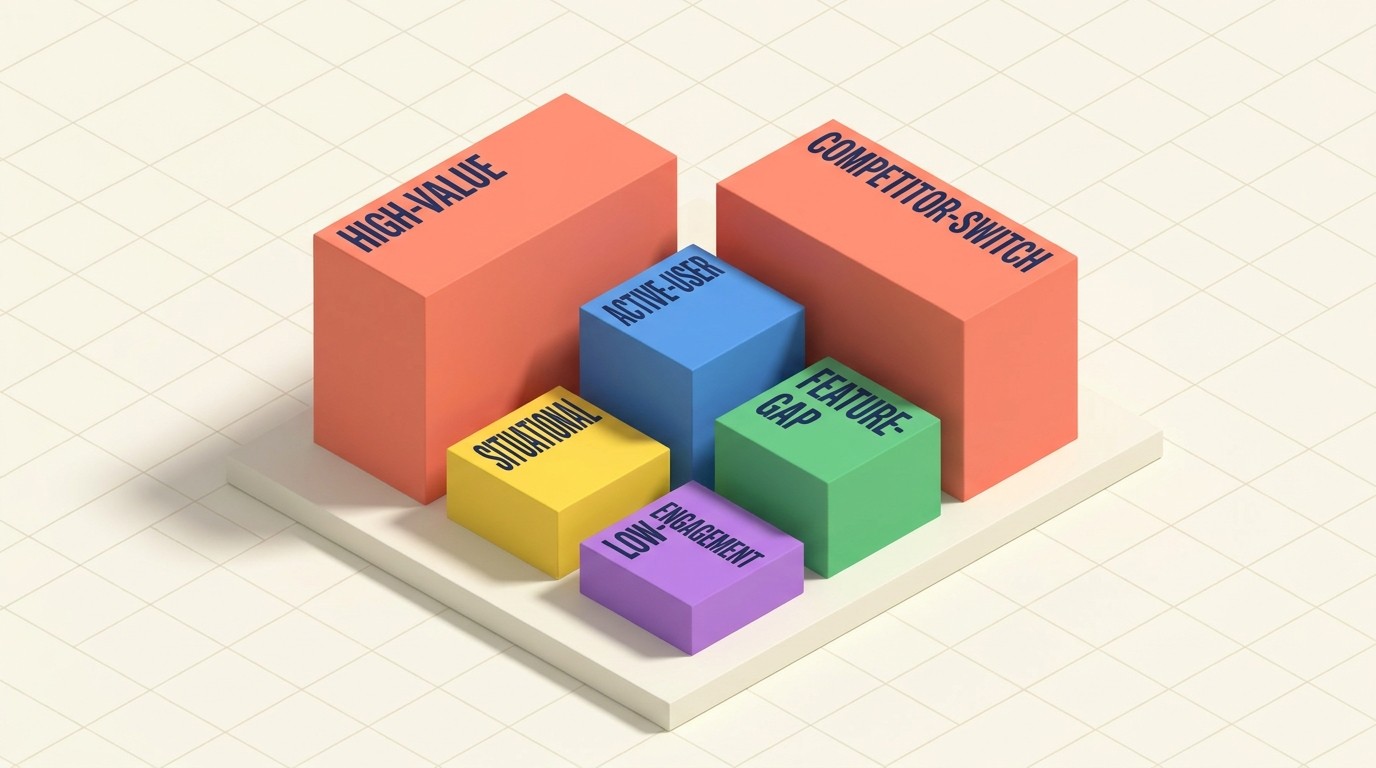 Segmenting churned customers into high-value, active user, feature-gap, situational, and competitor-switch groups