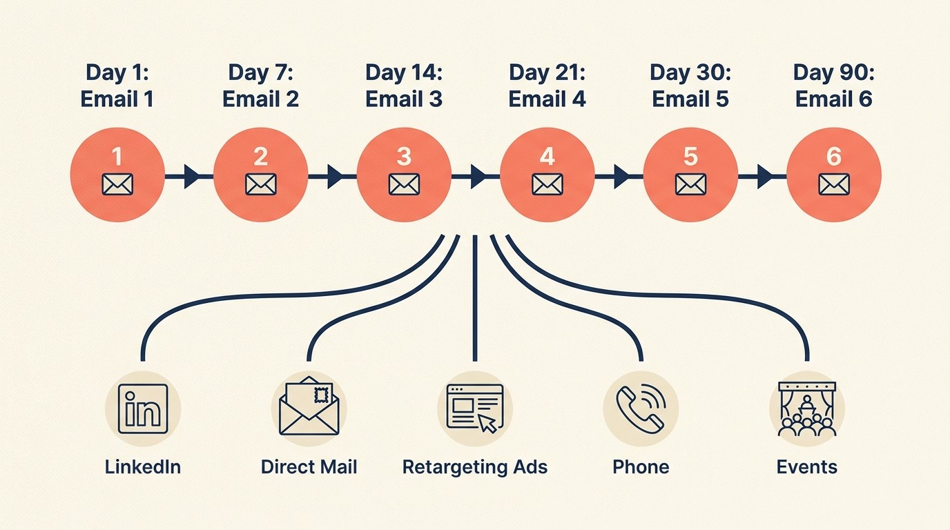 Multi-channel win-back sequence combining email, LinkedIn, direct mail, retargeting, and phone outreach