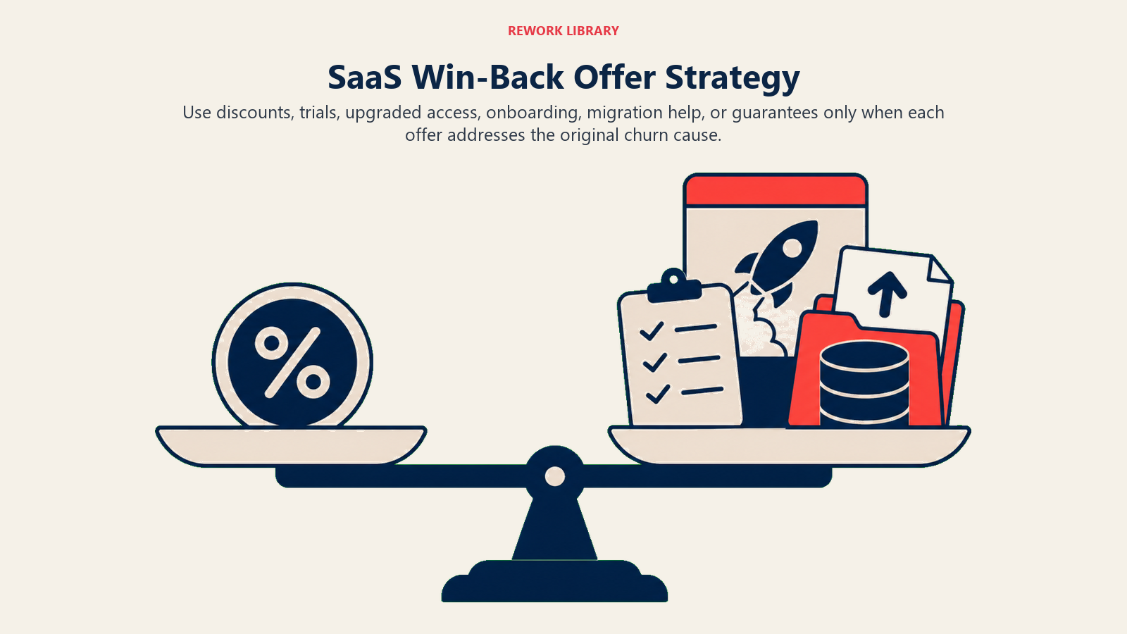 SaaS Win-Back Offer Strategy illustrated with offer balance scale