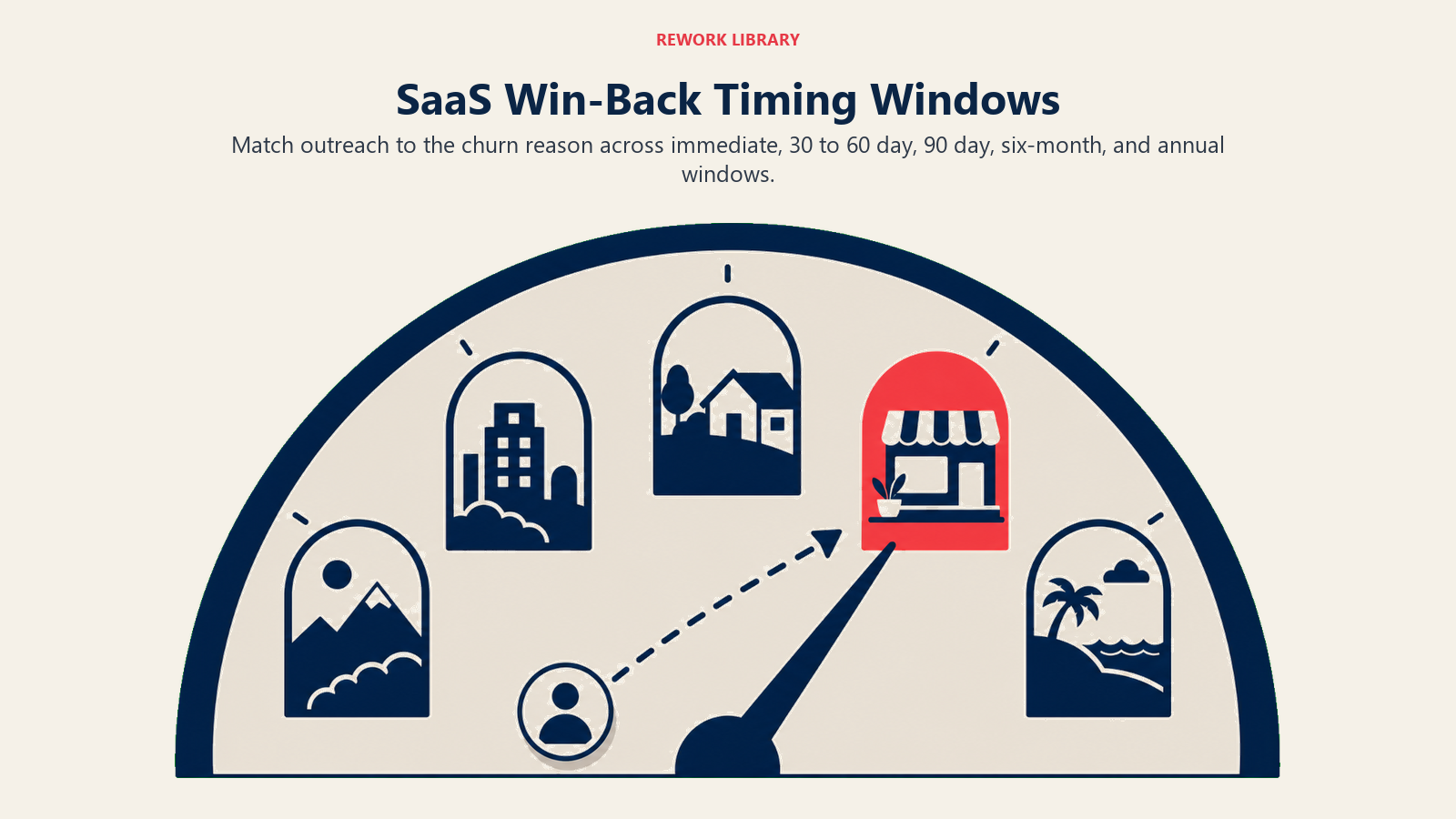 SaaS Win-Back Timing Windows illustrated with five-window clock arc