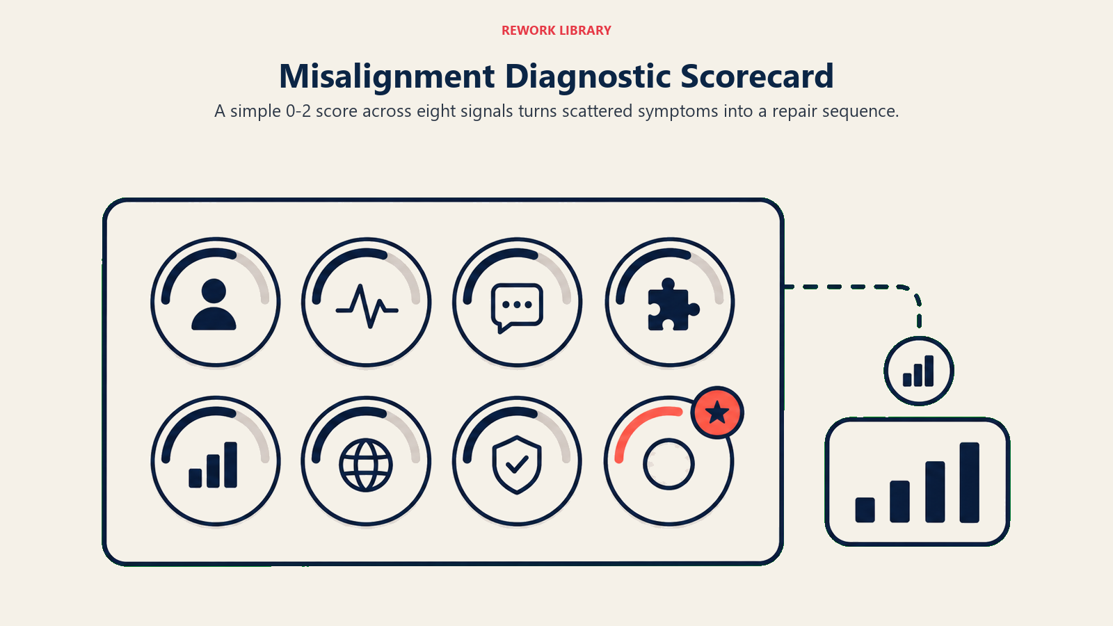 Misalignment diagnostic scorecard shown as eight scoring tokens with one coral priority marker