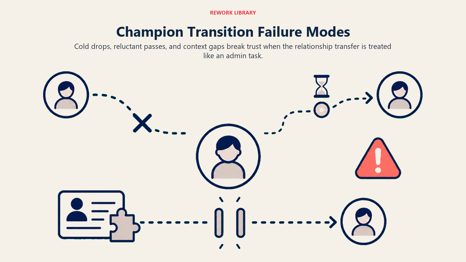 Champion transition failure modes shown as three broken relationship paths