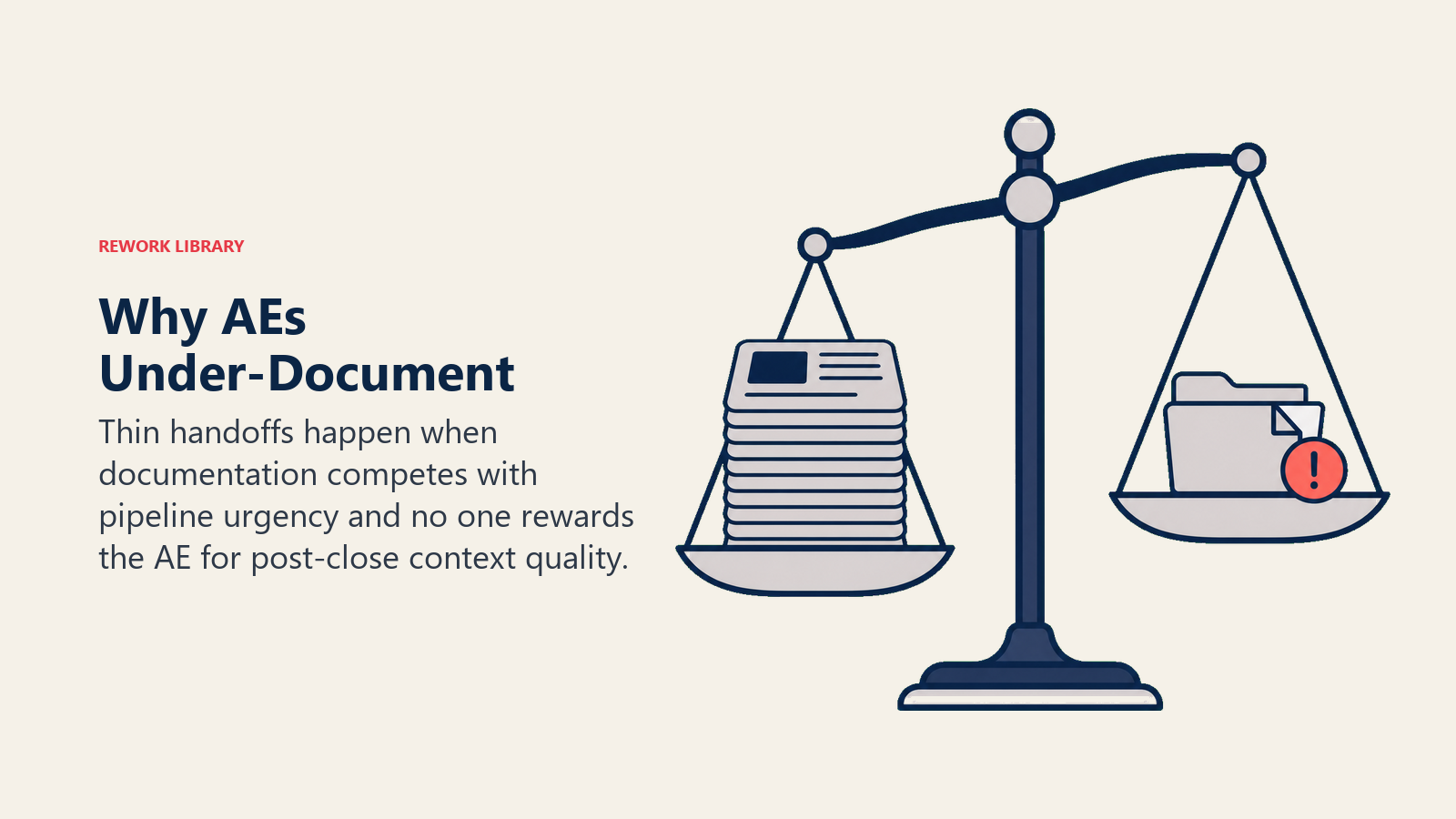 Why AEs Under-Document shown as a scale between pipeline urgency and handoff quality
