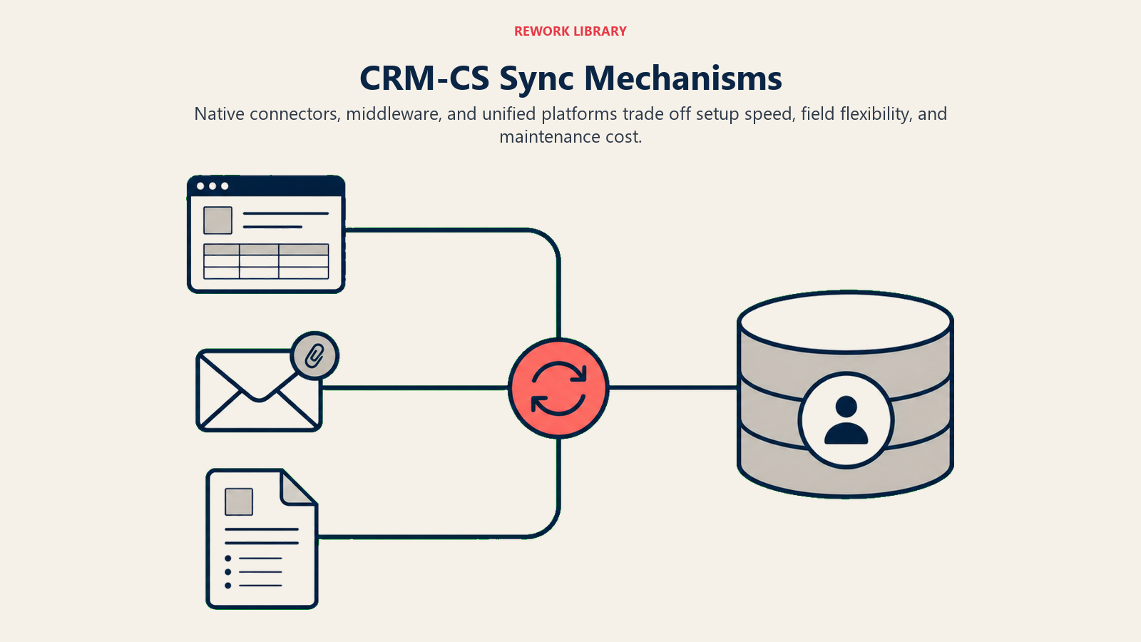 CRM-CS Sync Mechanisms shown as three connector routes joining one shared record