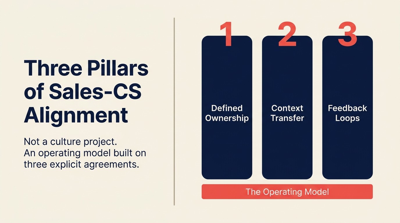 Three pillars of Sales-CS alignment: defined ownership, context transfer, feedback loops
