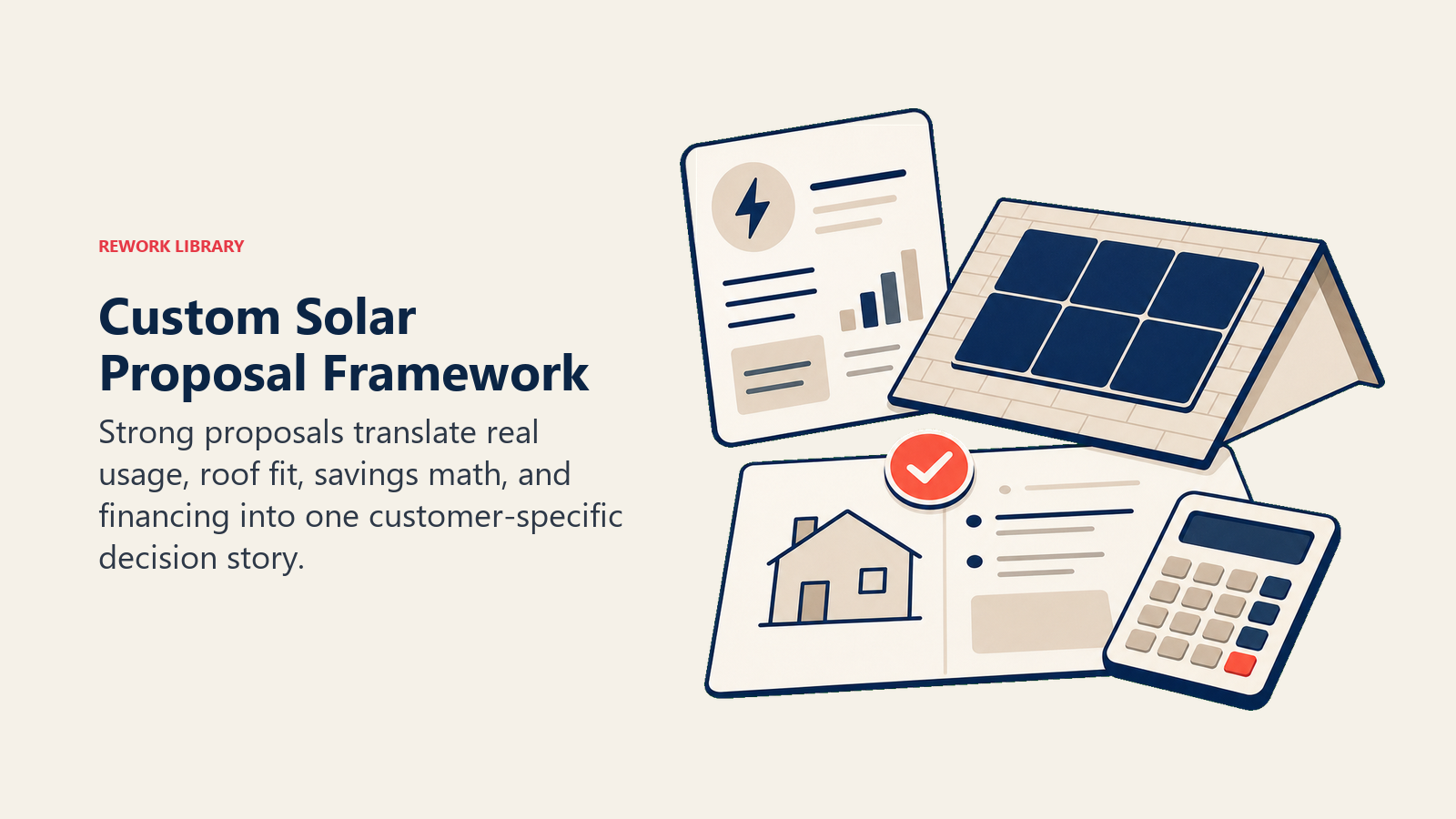 Custom Solar Proposal Framework shown as proposal workbench with a utility bill, roof plane, and savings calculator
