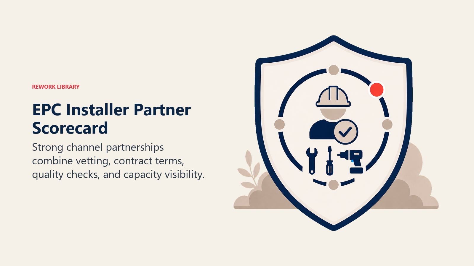 EPC Installer Partner Scorecard shown as installer quality shield with timeline gauge and tool marks