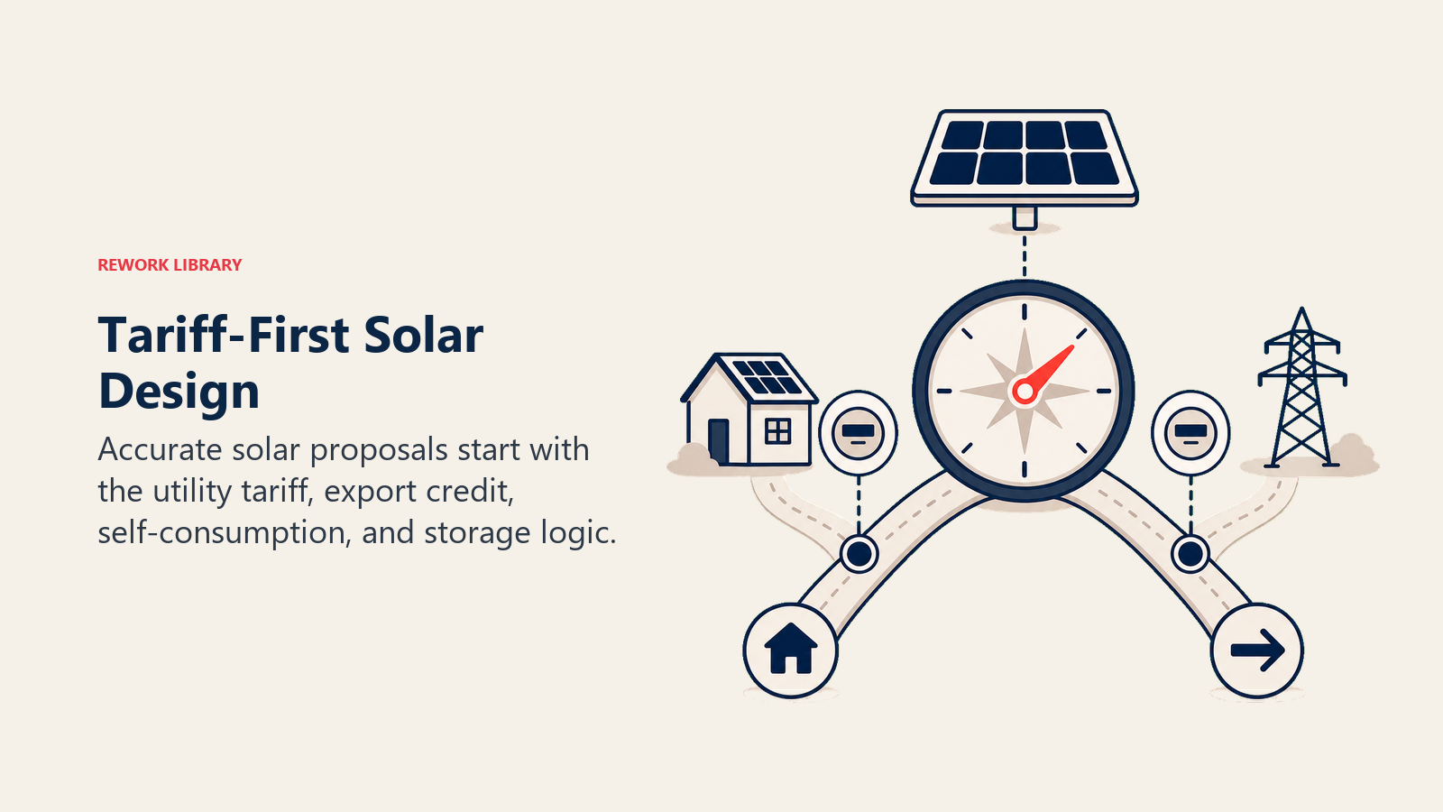 Tariff-First Solar Design shown as tariff compass steering solar production between grid export and home use