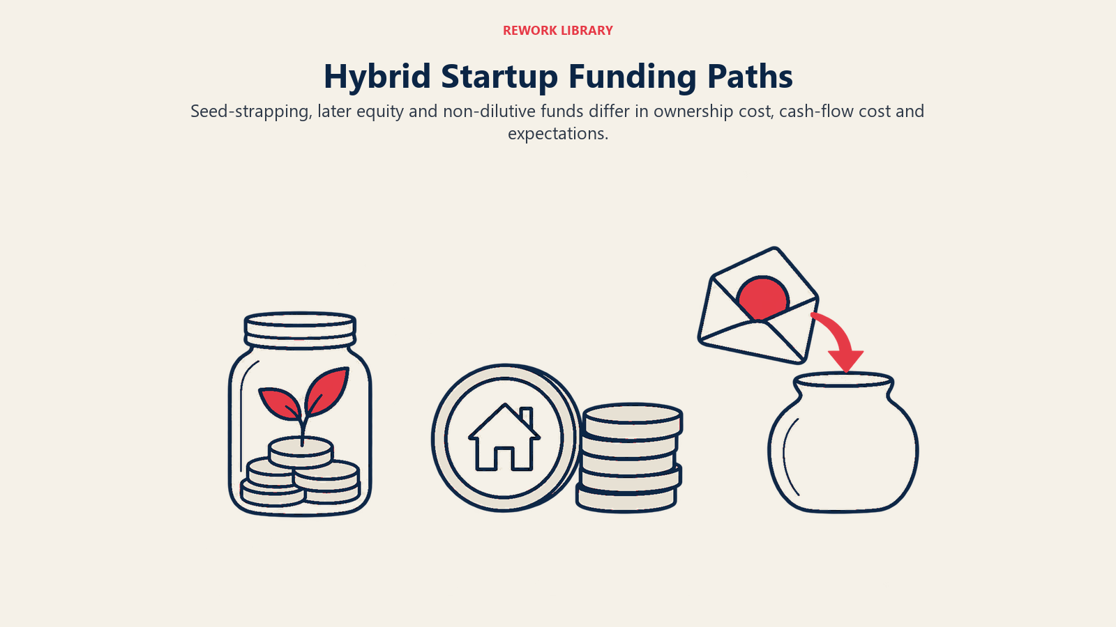 Hybrid Startup Funding Paths illustrated by three financing containers