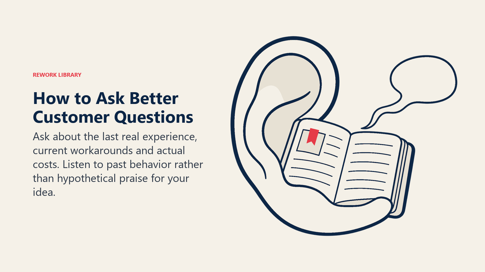 How to Ask Better Customer Questions, illustrated by ear curve and marked diary