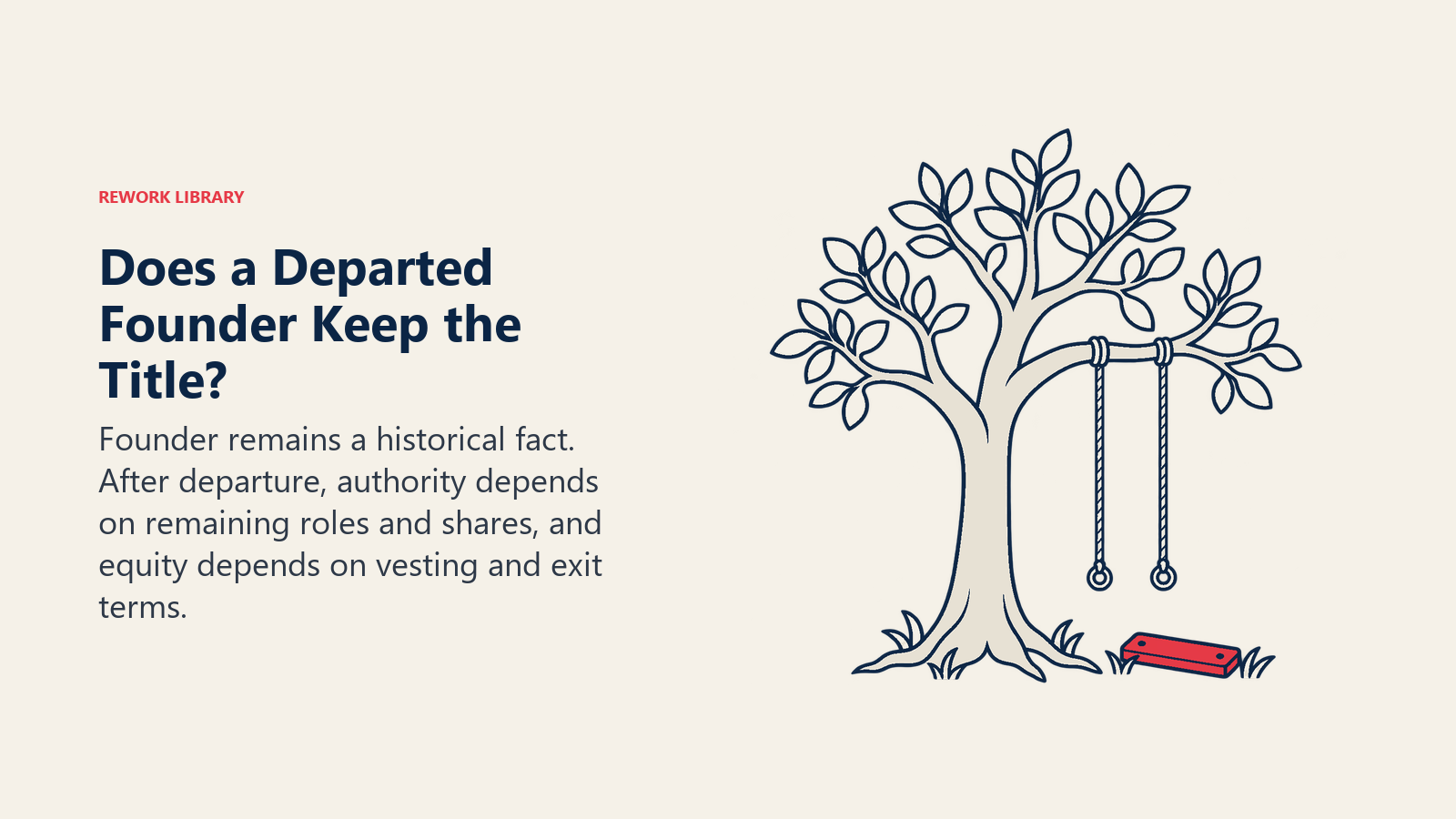 Rooted tree beside a removed swing seat shows founder history remains after leaving an operating role