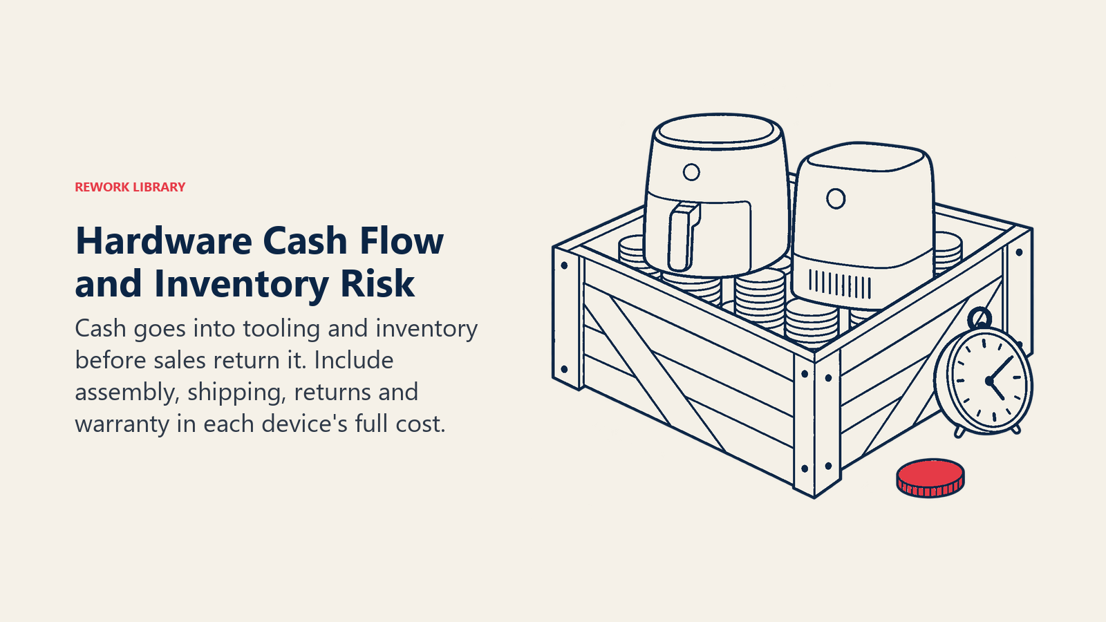 Hardware Cash Flow and Inventory Risk illustrated by cash immobilized inside a crate awaiting sale