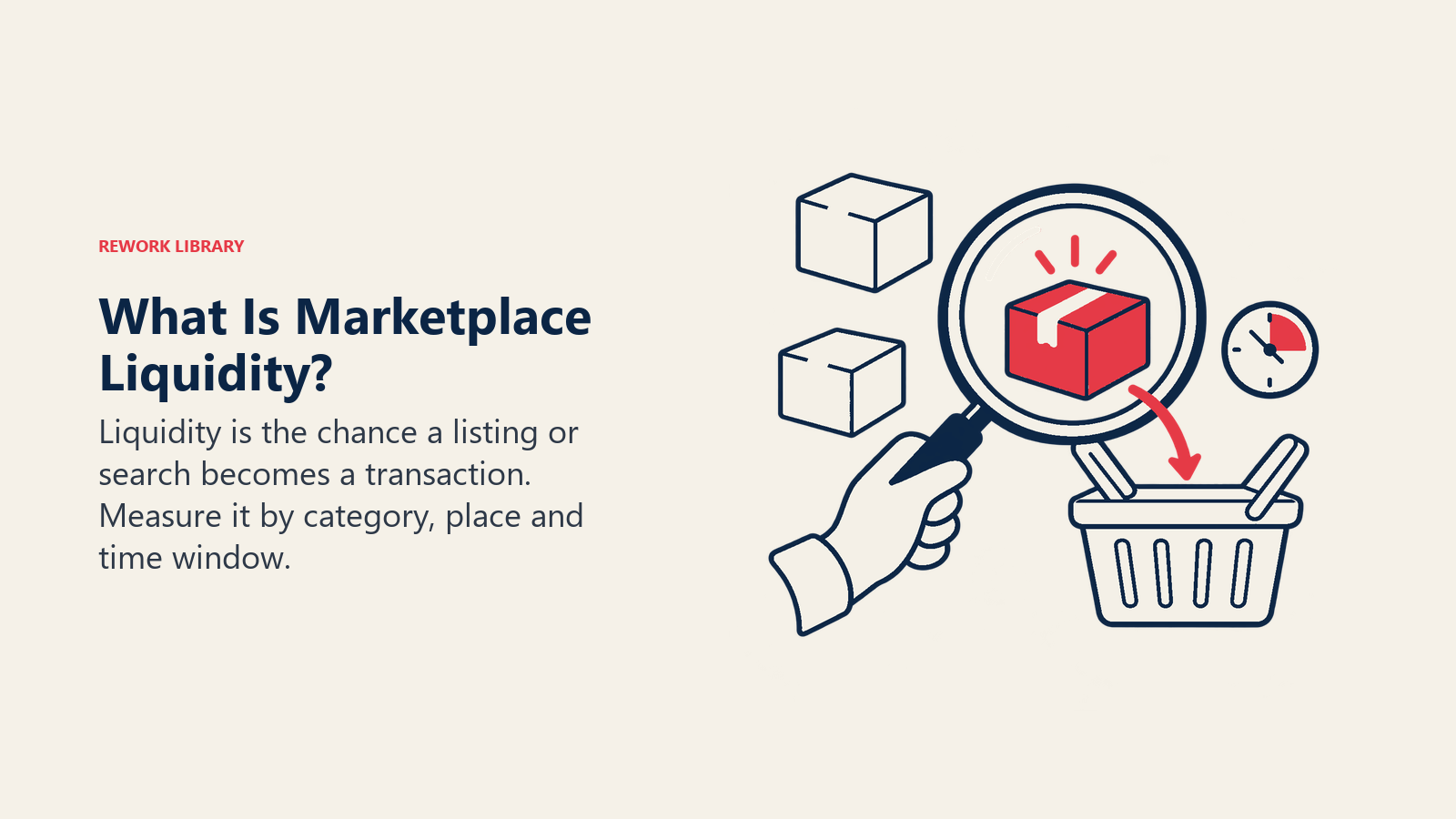 What Is Marketplace Liquidity illustrated by a search lens landing on a matching parcel