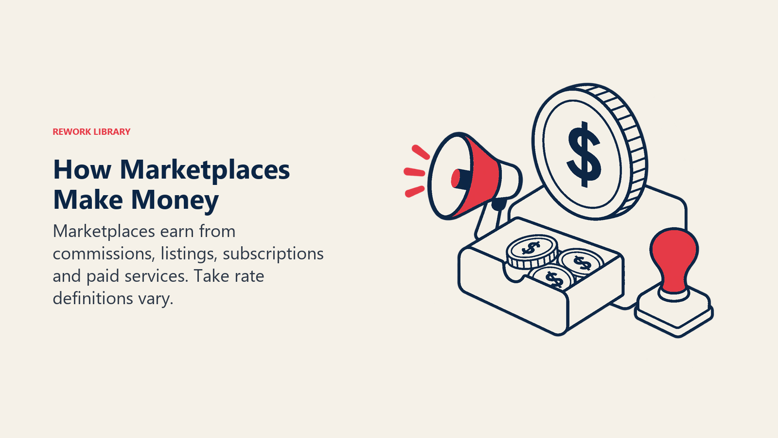 How Marketplaces Make Money illustrated by a transaction coin with a small fee drawer and service tools