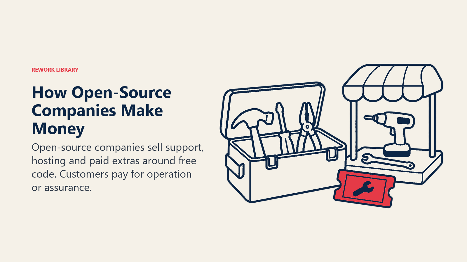How Open-Source Companies Make Money illustrated by an open toolbox beside a paid service canopy