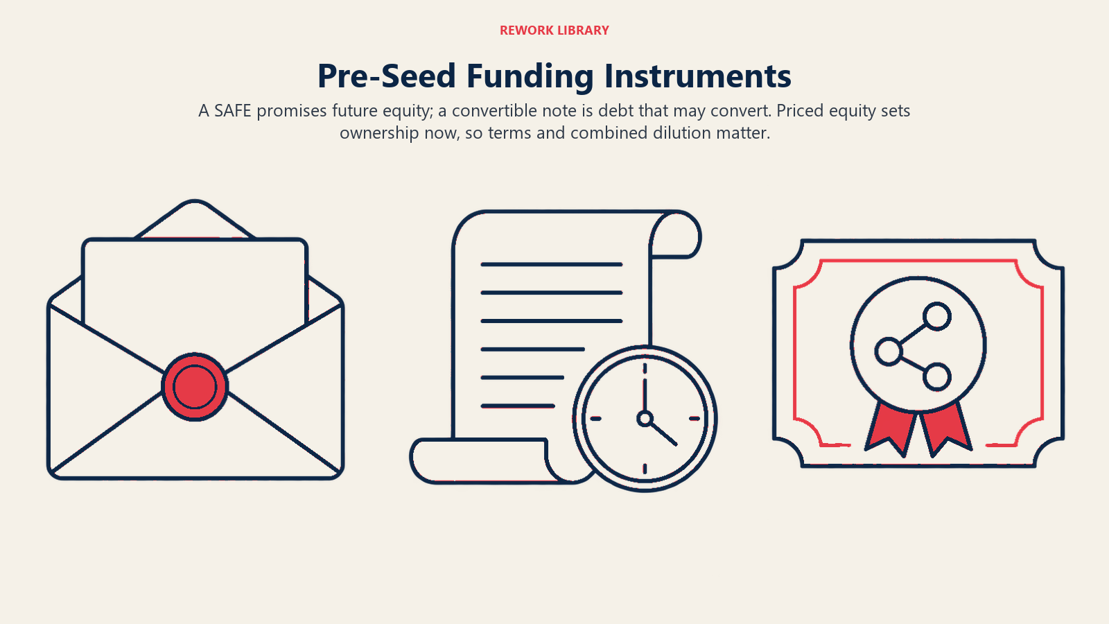 SAFE future-share envelope, convertible-note debt clock and priced-equity ownership token