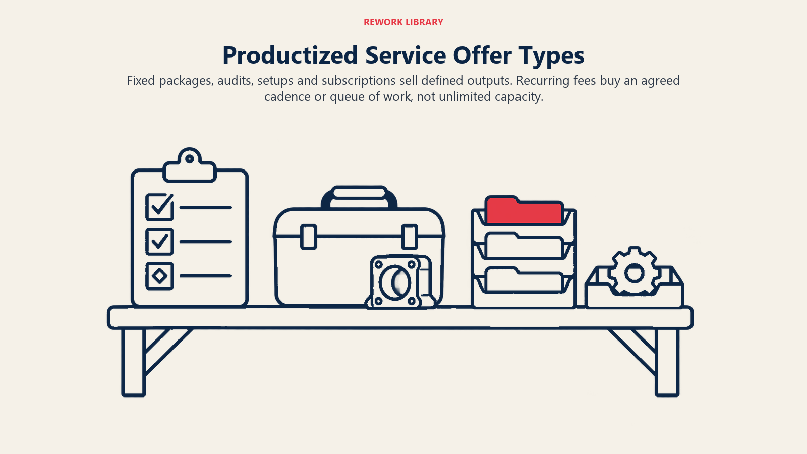 Productized Service Offer Types illustrated by an audit clipboard, setup toolbox and orderly request queue