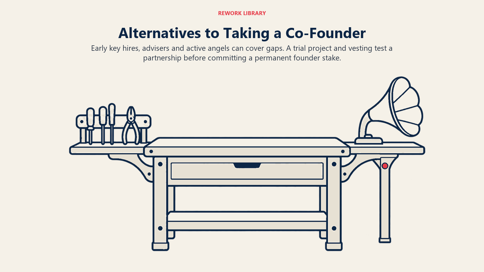 Workbench with removable tool and advisory supports illustrates alternatives to adding a co-founder