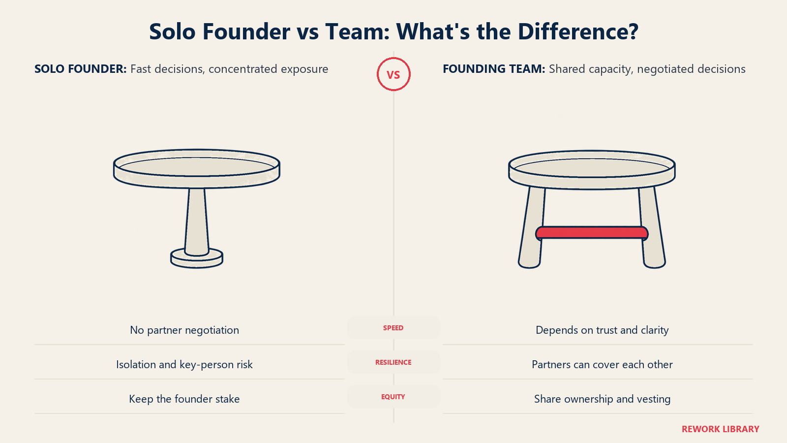 Single-support stool and braced bench show concentrated solo-founder risk versus distributed team support