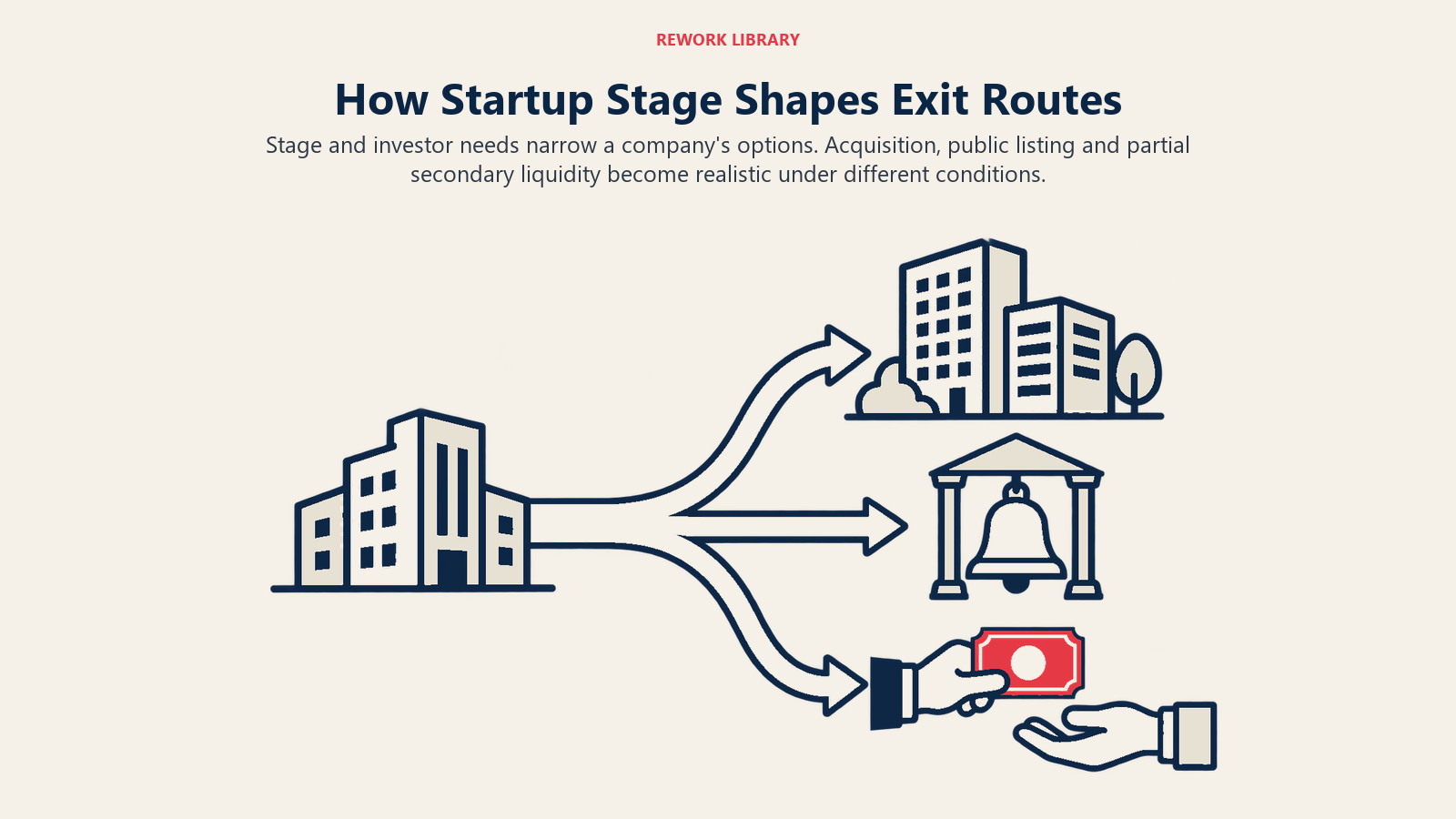 Wie die Startup-Phase die Exit-Wege prägt: Phase und Bedürfnisse der Investoren engen die Optionen eines Unternehmens ein. Übernahme, Börsengang und teilweise Secondary-Liquidität werden unter verschiedenen Bedingungen realistisch.