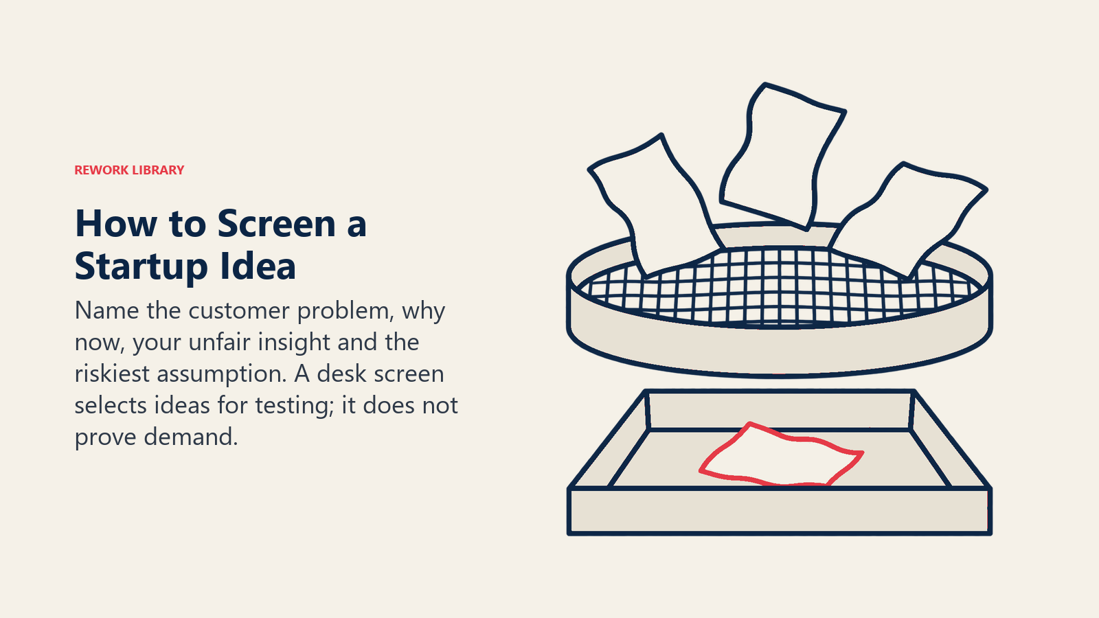 How to Screen a Startup Idea, illustrated by vertical sieve and candidate
