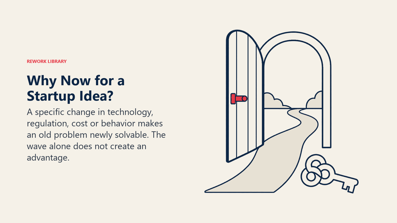 Why Now for a Startup Idea?, illustrated by open doorway and key