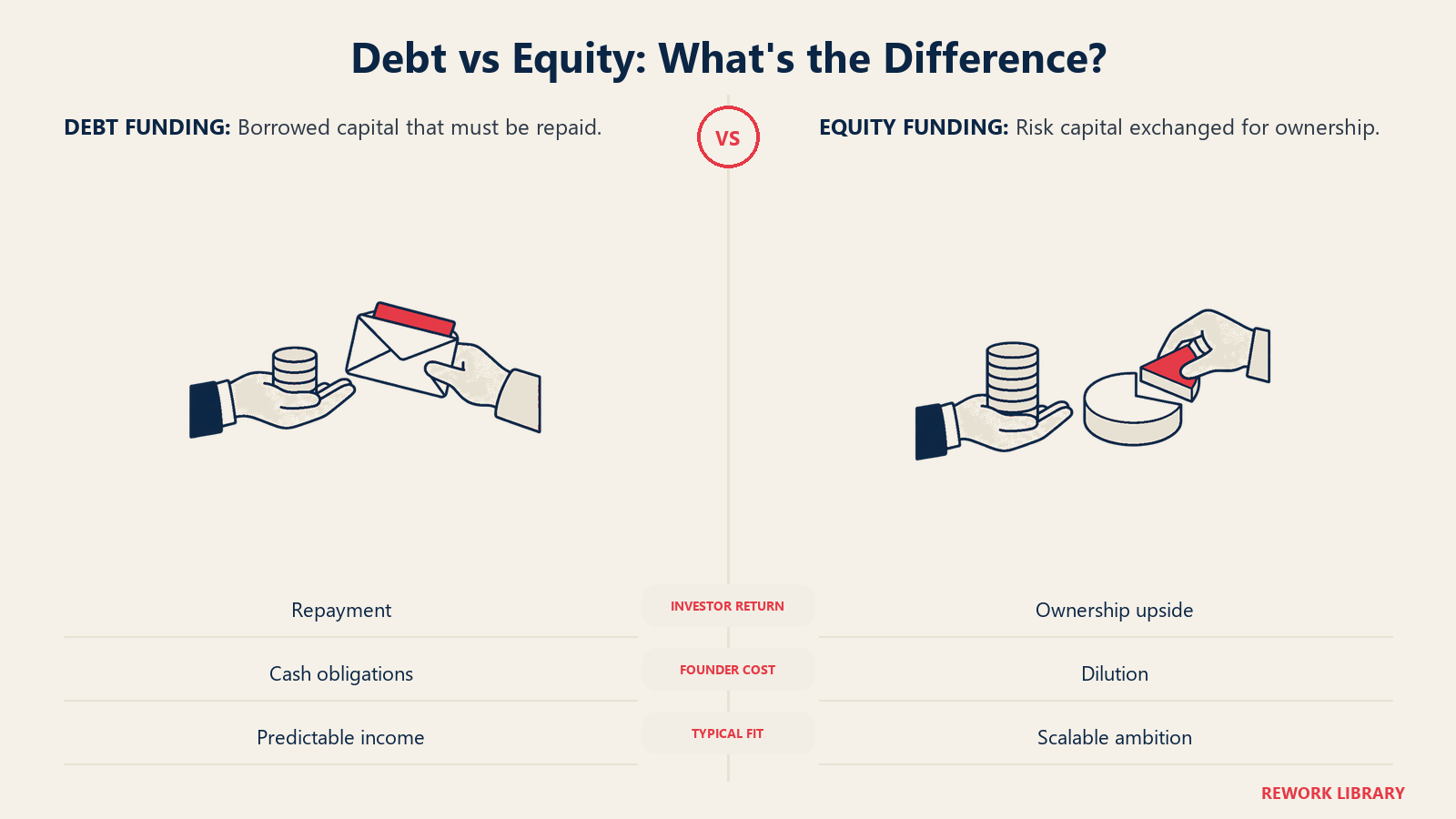 Deuda vs capital: ¿cuál es la diferencia? Ilustrado con un sobre de pago frente a una porción de propiedad