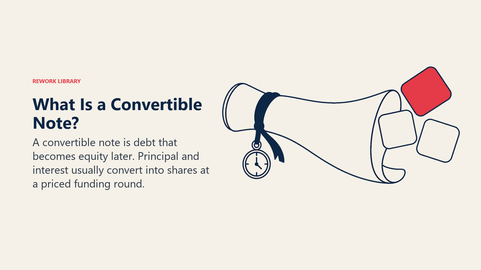 What Is a Convertible Note illustrated by loan scroll unfurling into share tiles.