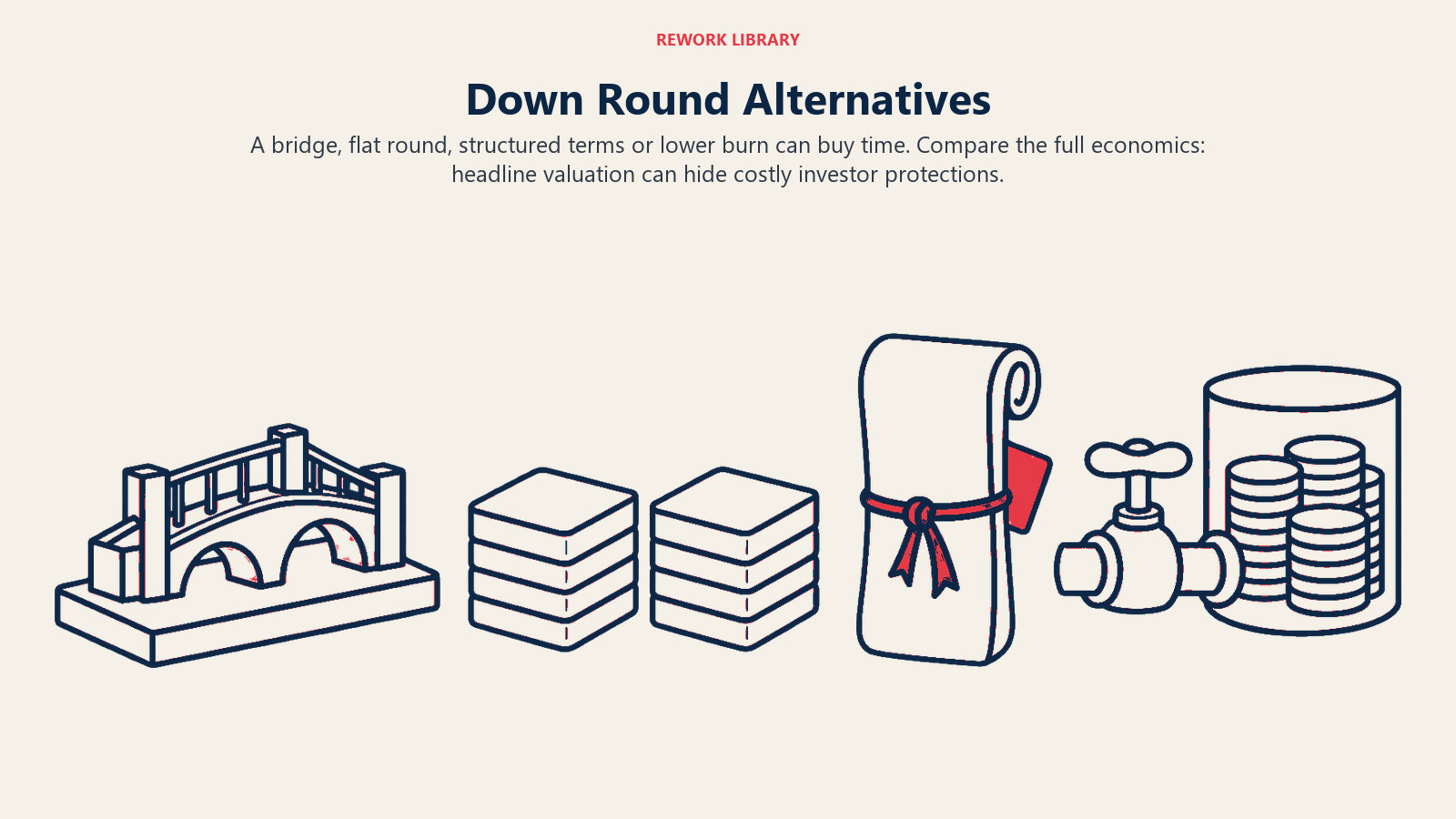 Down Round Alternatives illustrated by four fundraising choices on planning desk.