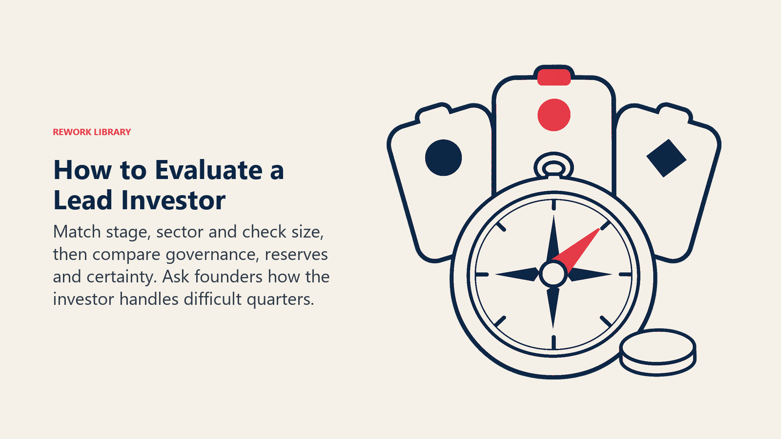 How to Evaluate a Lead Investor illustrated by compass inspecting investor-fit shortlist.
