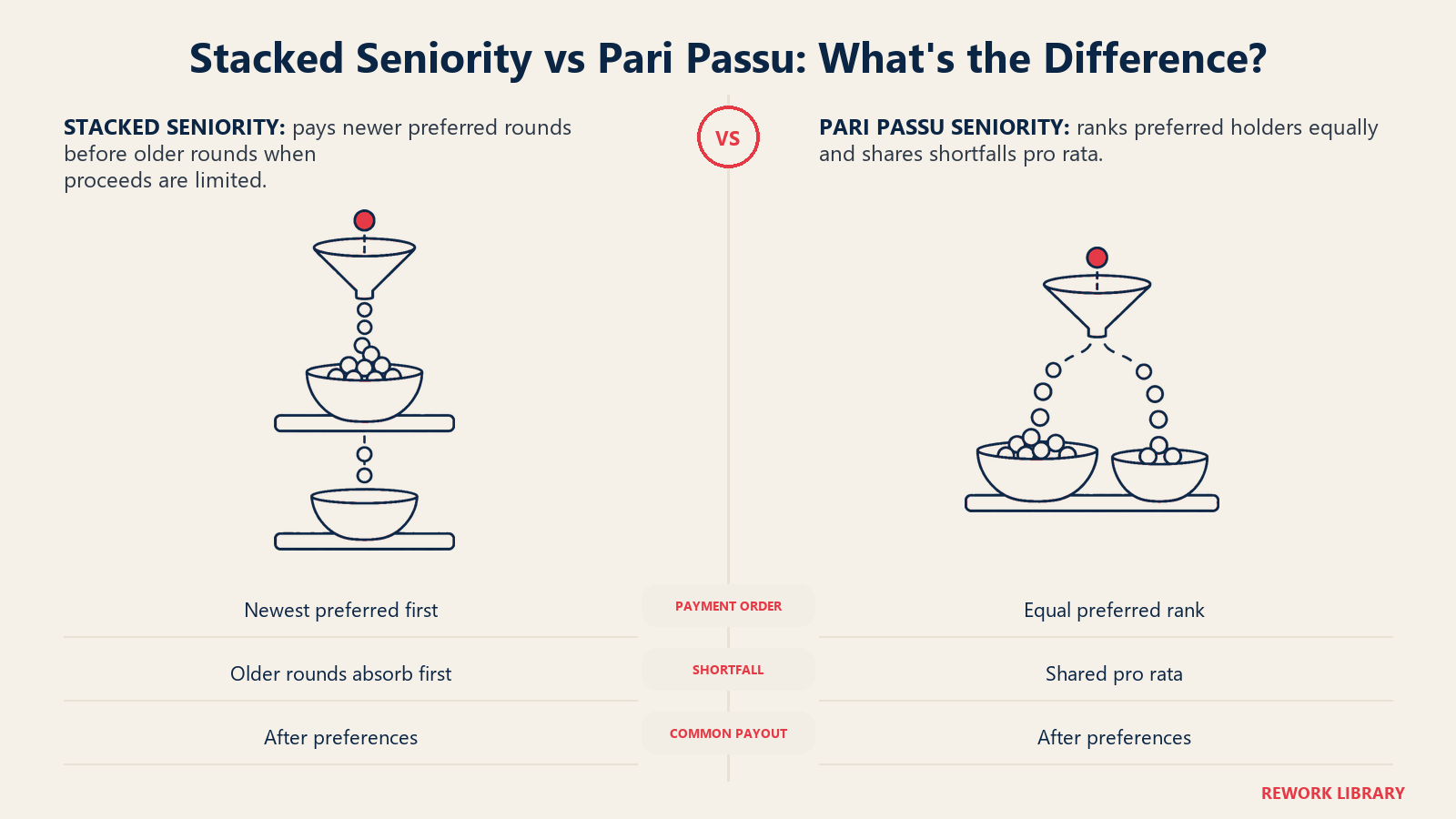Stacked vs Pari Passu: What's the Difference illustrated by sequential shelves vs equal-level bowls.