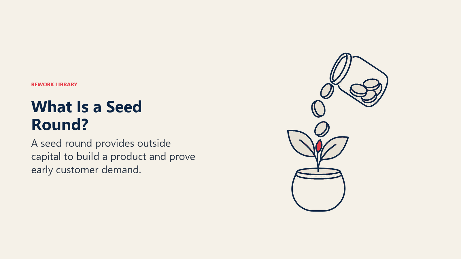What Is a Seed Round? illustrated by seedling: Cash purchases product development and early demand evidence; it is the financing event, not company maturity.