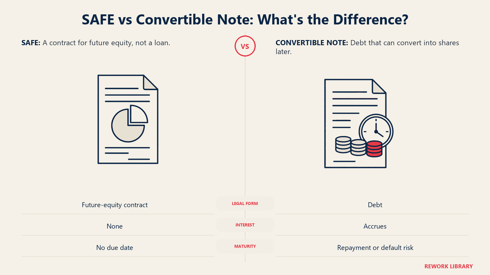 SAFE vs Convertible Note: What's the Difference? illustrated by debt clock: The note imposes an obligation and clock; a SAFE does not, without implying a SAFE guarantees equity.