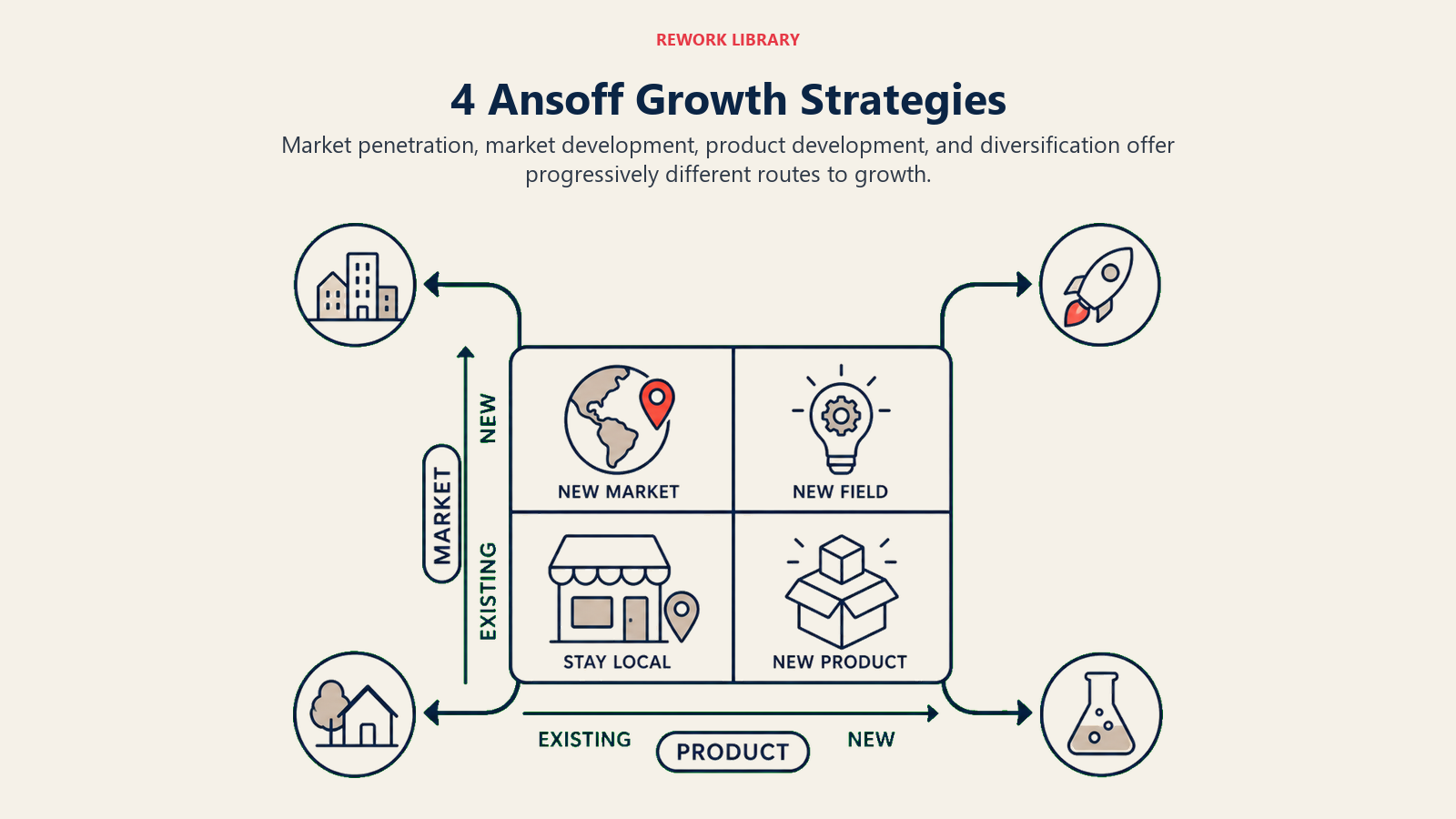 4 Ansoff Growth Strategies shown as four growth routes leaving matrix.