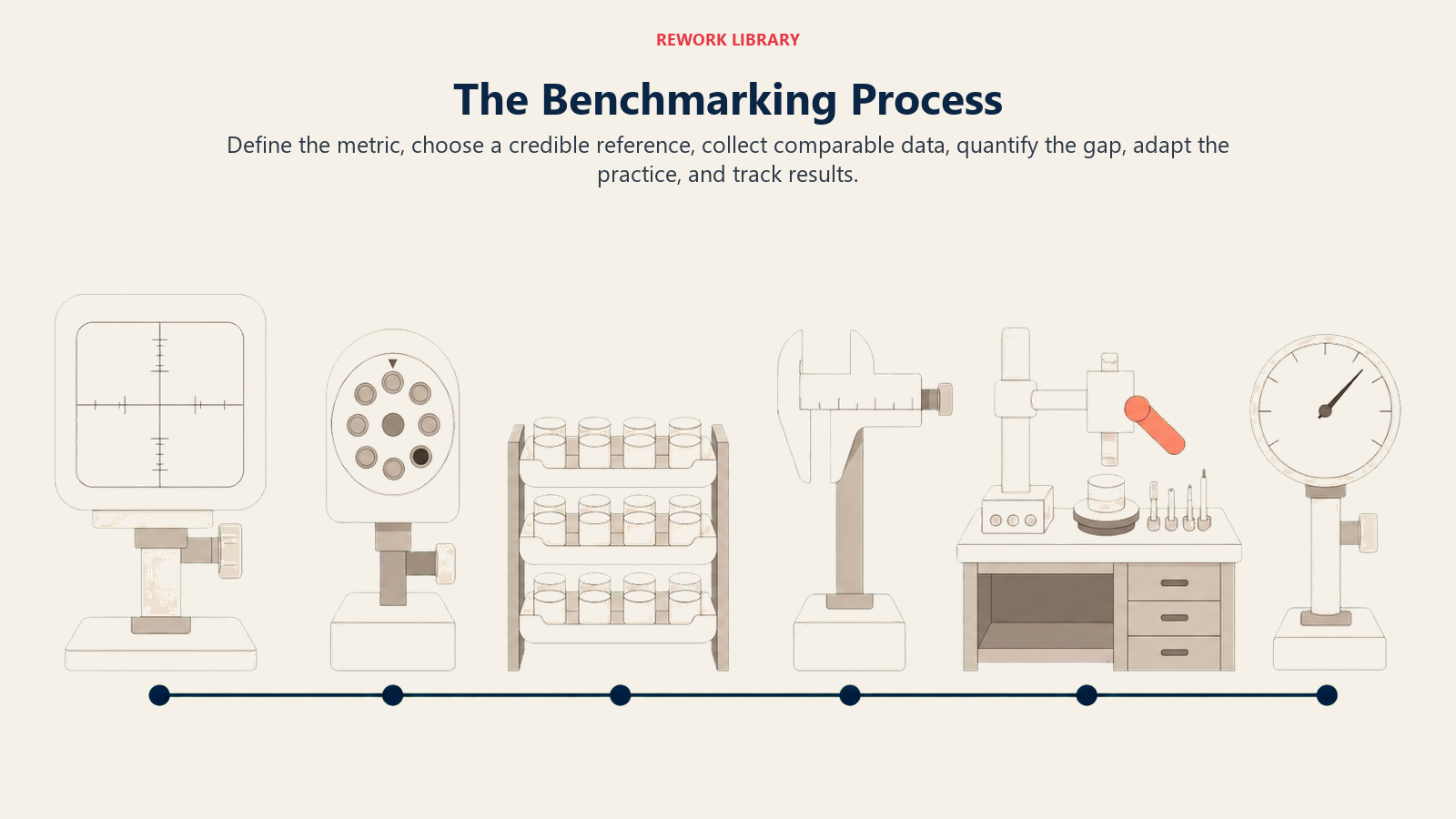Six-stage benchmarking process from defining scope to monitoring results