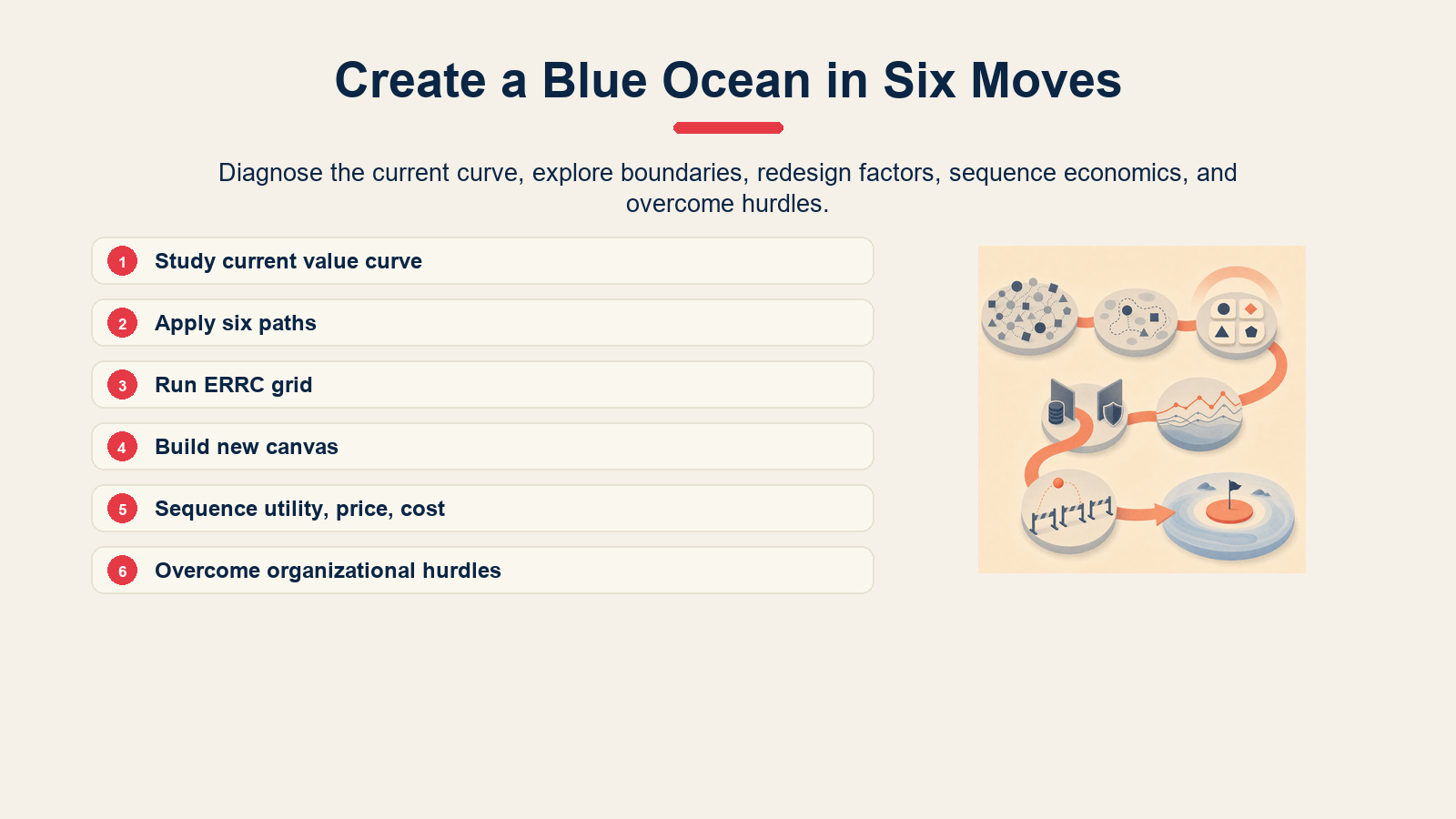 Six-step process for creating a blue ocean strategy.