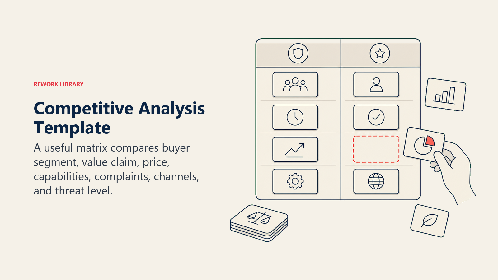 Competitive Analysis Template illustrated by a clean physical comparison board with movable evidence tiles and one highlighted whitespace gap, no readable table text