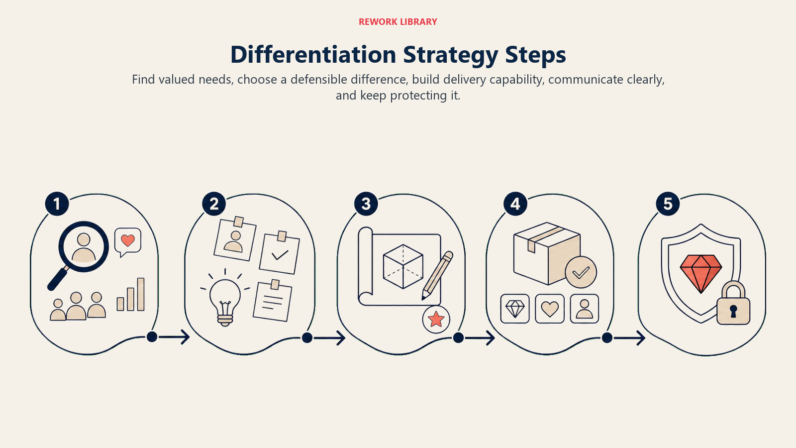 Differentiation Strategy Steps illustrated by a wide five-stage craft process turning raw customer insight into a protected distinctive offering