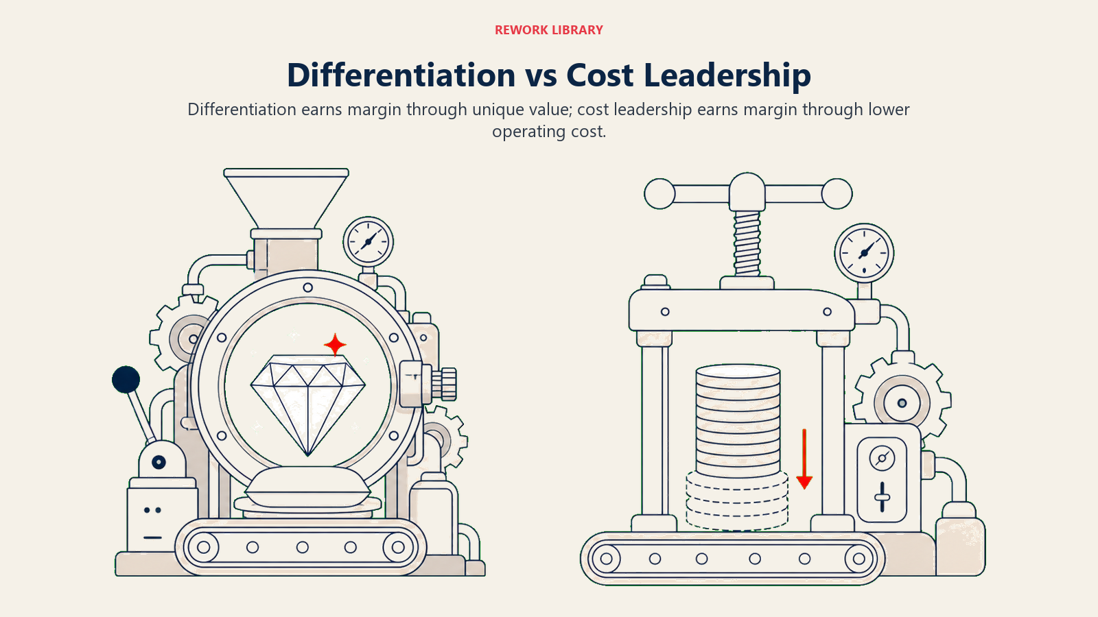 Differentiation vs Cost Leadership illustrated by two wide strategic engines: one refining a distinctive jewel, the other compressing a cost stack