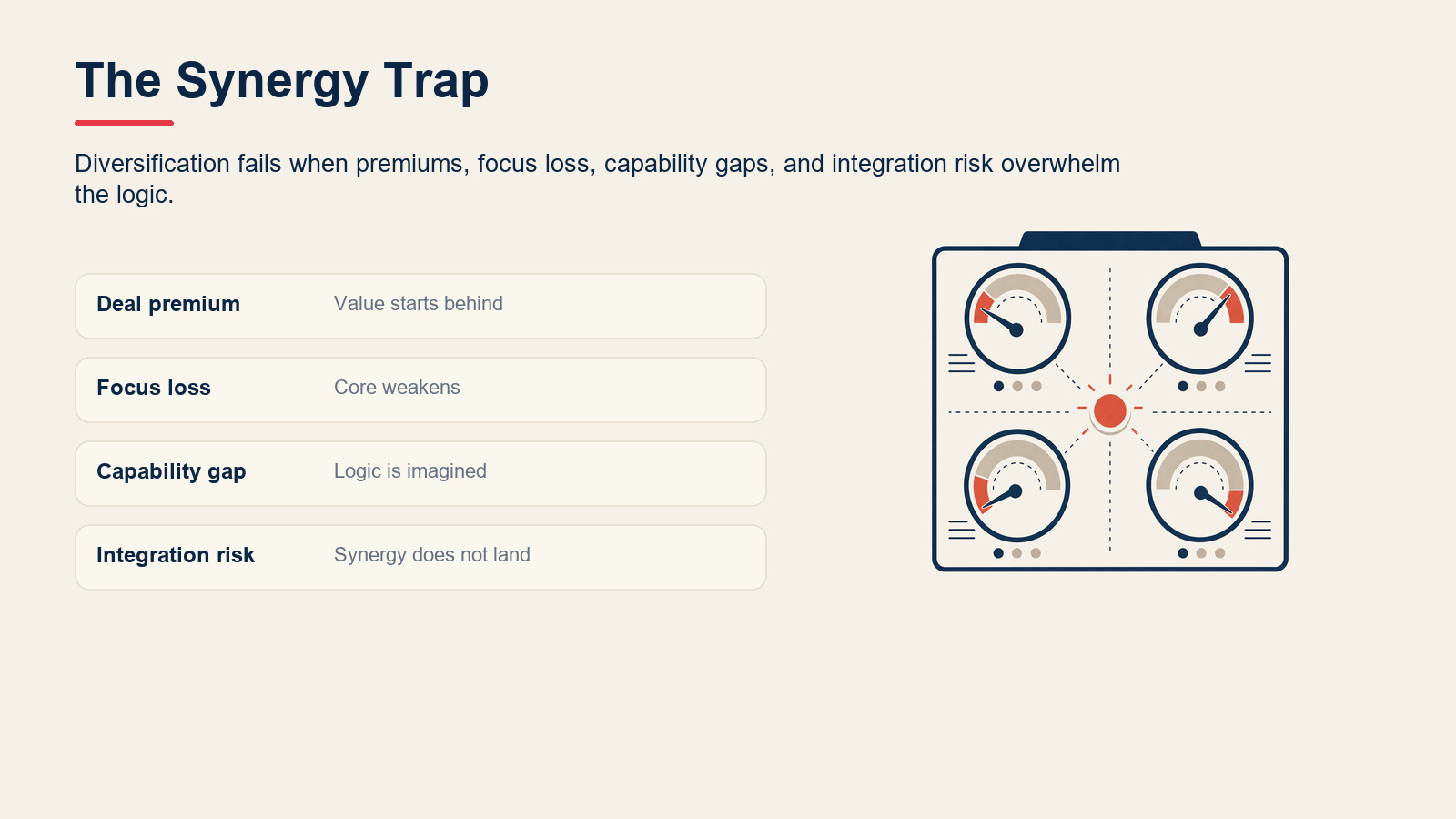 Risk-response view of diversification failure modes including focus loss, capability gaps, and integration risk.