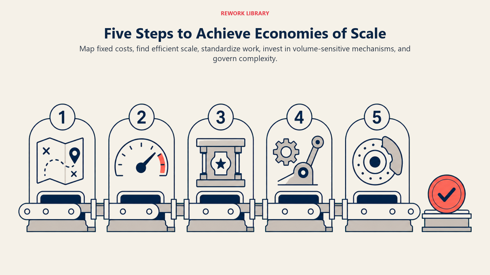 Five Steps to Achieve Economies of Scale shown as five-stage scale-building production route