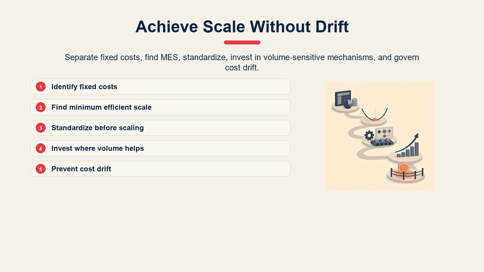 Five-step process for achieving economies of scale.