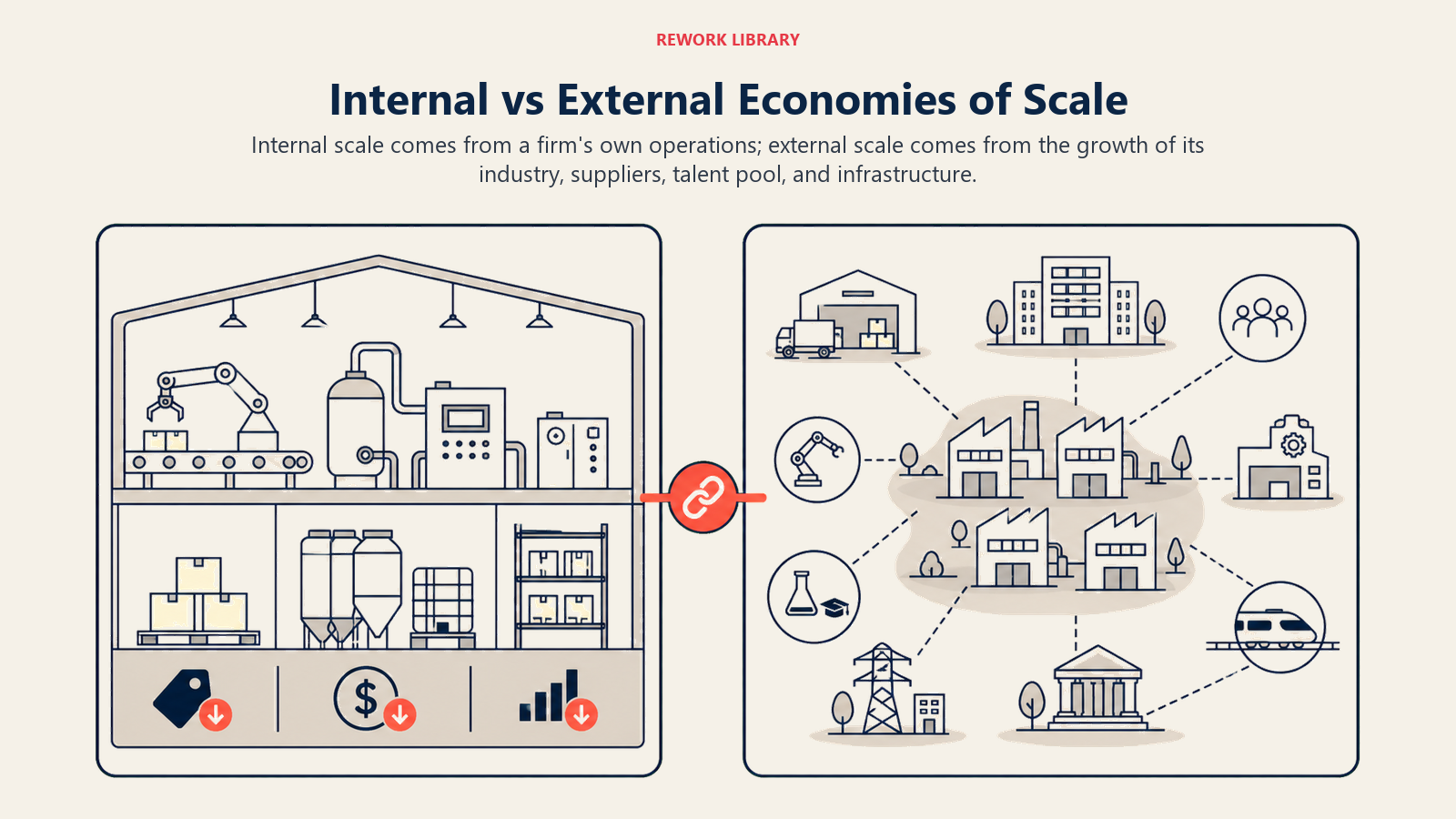 Internal vs External Economies of Scale shown as factory interior versus industry ecosystem