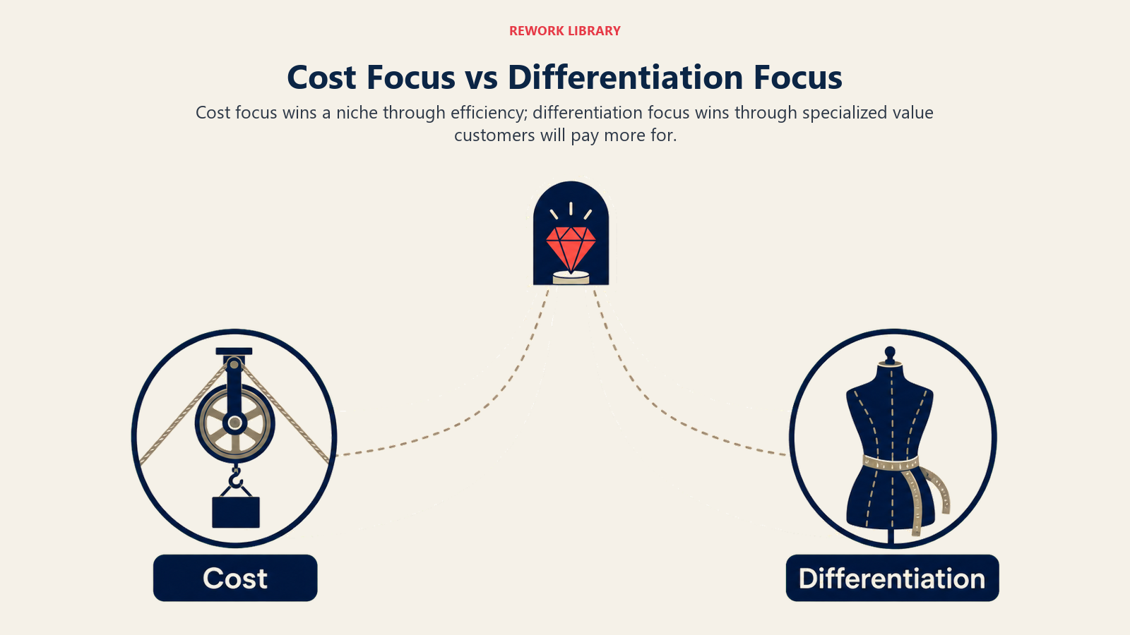 Cost focus and differentiation focus shown as two routes into the same niche