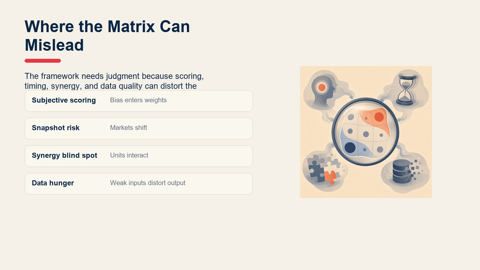 Limitations of the GE-McKinsey Matrix including subjective scoring and data limitations.