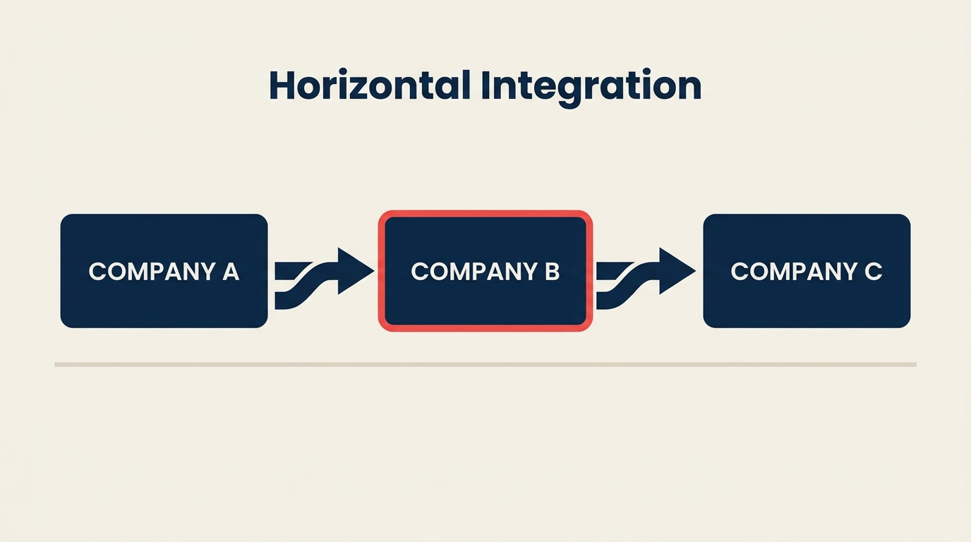 Horizontal integration shown as a company merging with competitors at the same supply chain stage