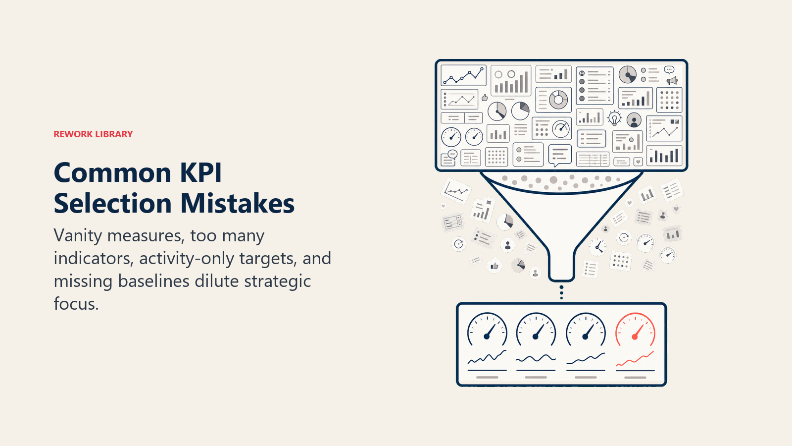 Common KPI selection mistakes filtered from dashboard clutter into a focused indicator set