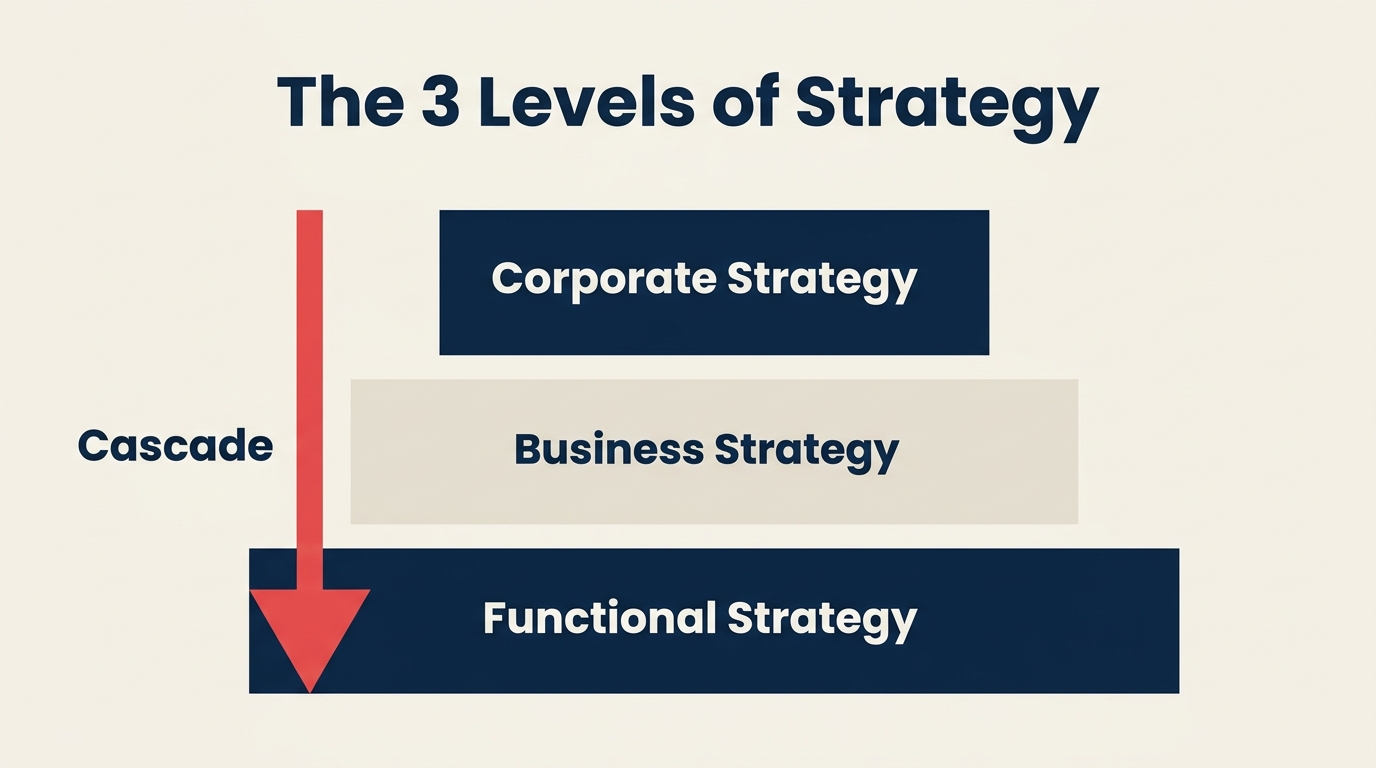 Three-tier pyramid diagram illustrating the levels of strategy: corporate, business, and functional