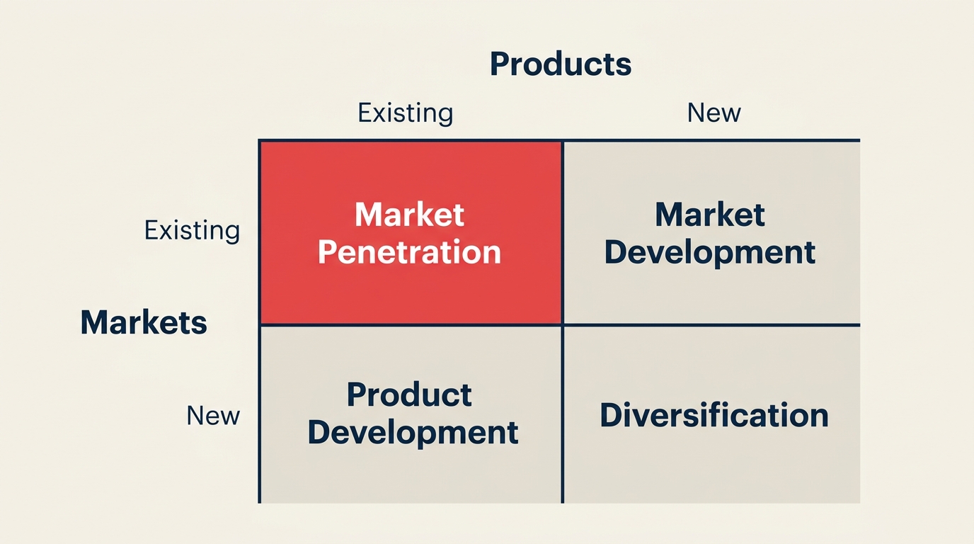 Market penetration strategy Ansoff Matrix diagram showing existing products in existing markets highlighted in coral red