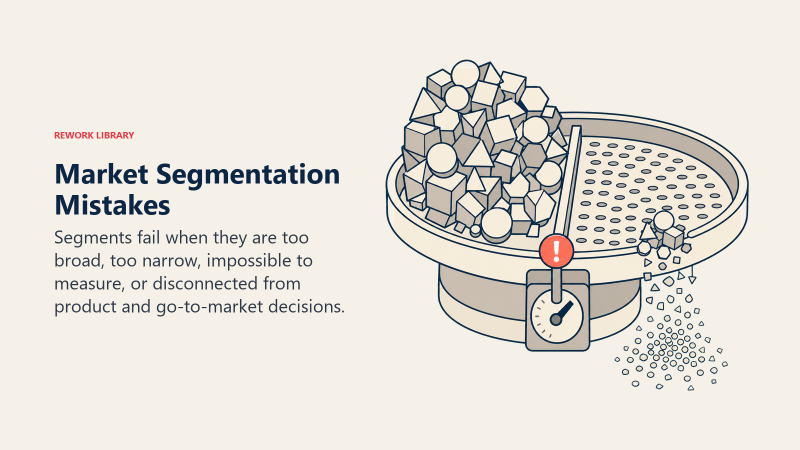 Market segmentation mistakes shown as a sorter creating groups that are too broad or too narrow
